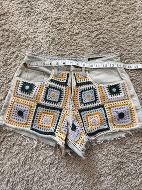 Blank NYC Crochet Panel Denim Shorts in Yellow, Green, Cream